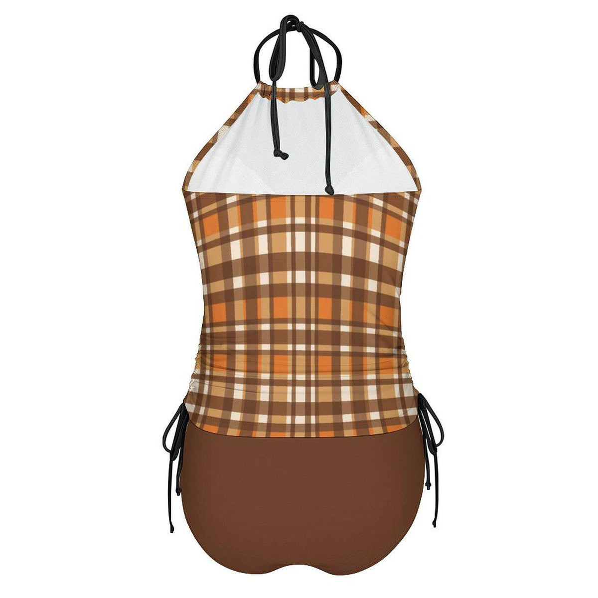 Retro Plaid Tankini: Brown & Orange Halter Swimsuit with Drawstrings