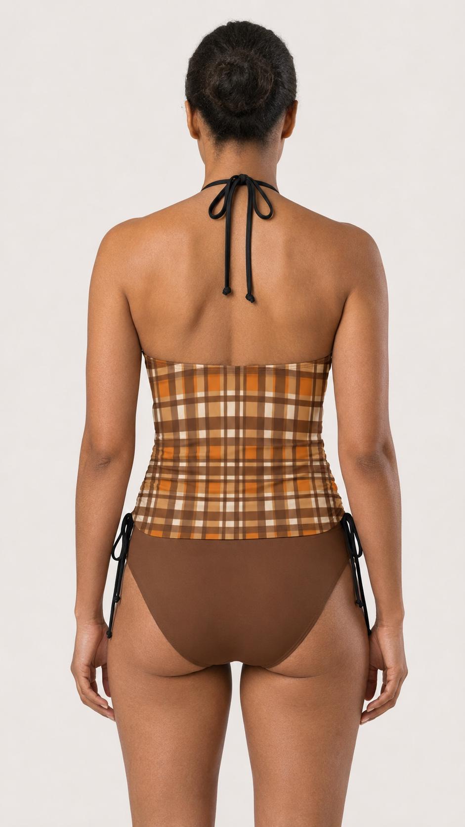 Retro Plaid Tankini: Brown & Orange Halter Swimsuit with Drawstrings