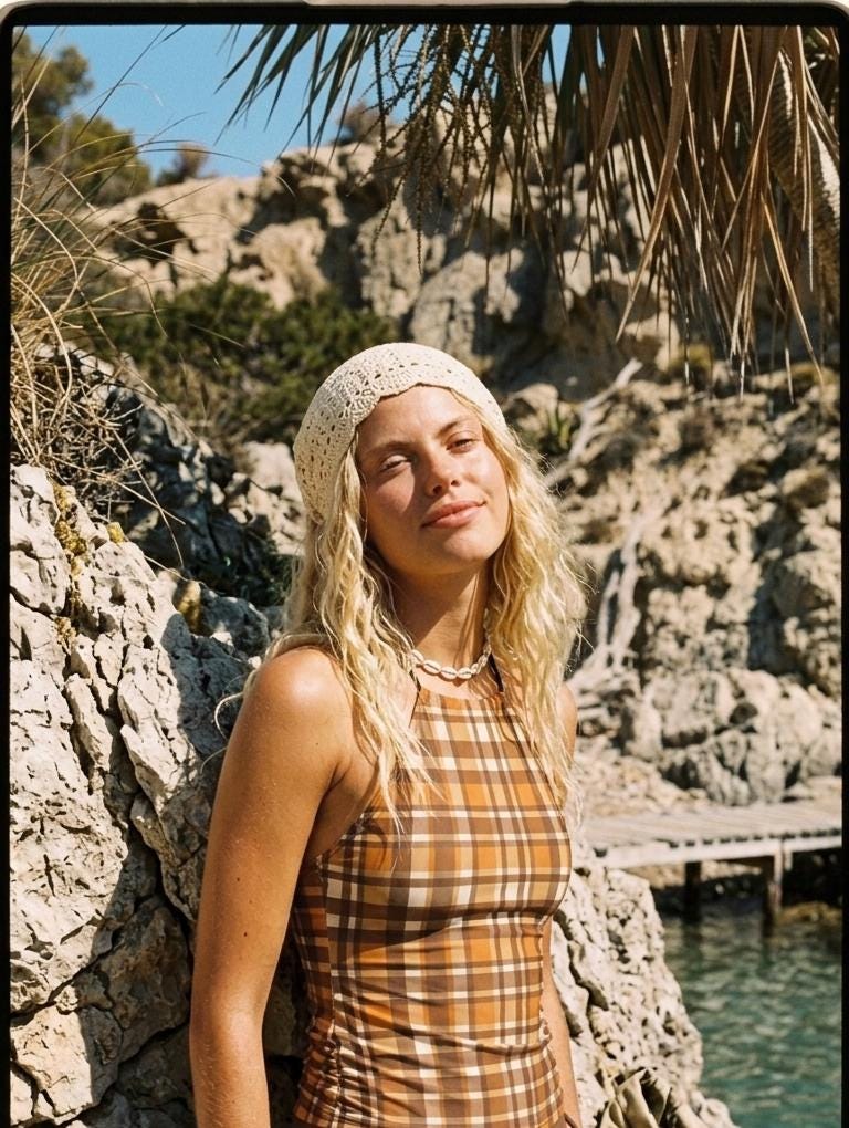 Retro Plaid Tankini: Brown & Orange Halter Swimsuit with Drawstrings