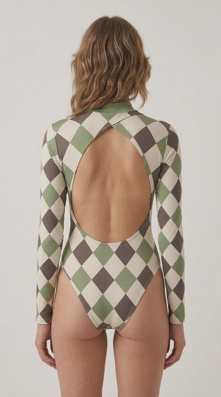 Long-Sleeve Swimsuit – Cut-Out Back & Thumbholes – High-Leg One-Piece – Removable Padding, Front-Lined – Retro Harlequin