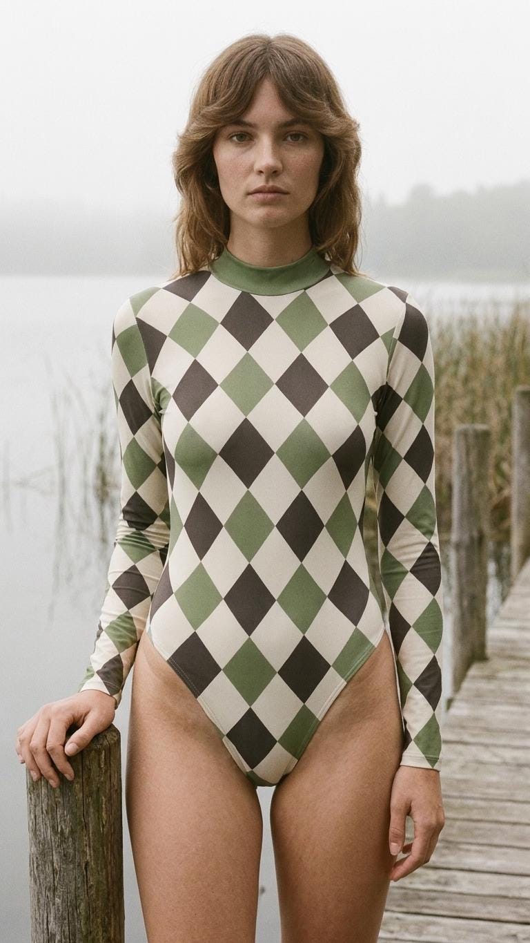Long-Sleeve Swimsuit – Cut-Out Back & Thumbholes – High-Leg One-Piece – Removable Padding, Front-Lined – Retro Harlequin