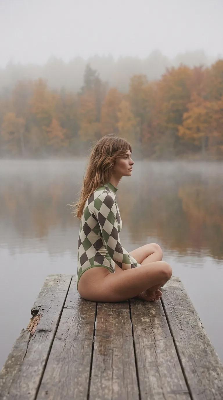 Long-Sleeve One-Piece Swimsuit - Back-Zipper - Lightweight - Soft Chest-Pads - Retro Harlequin