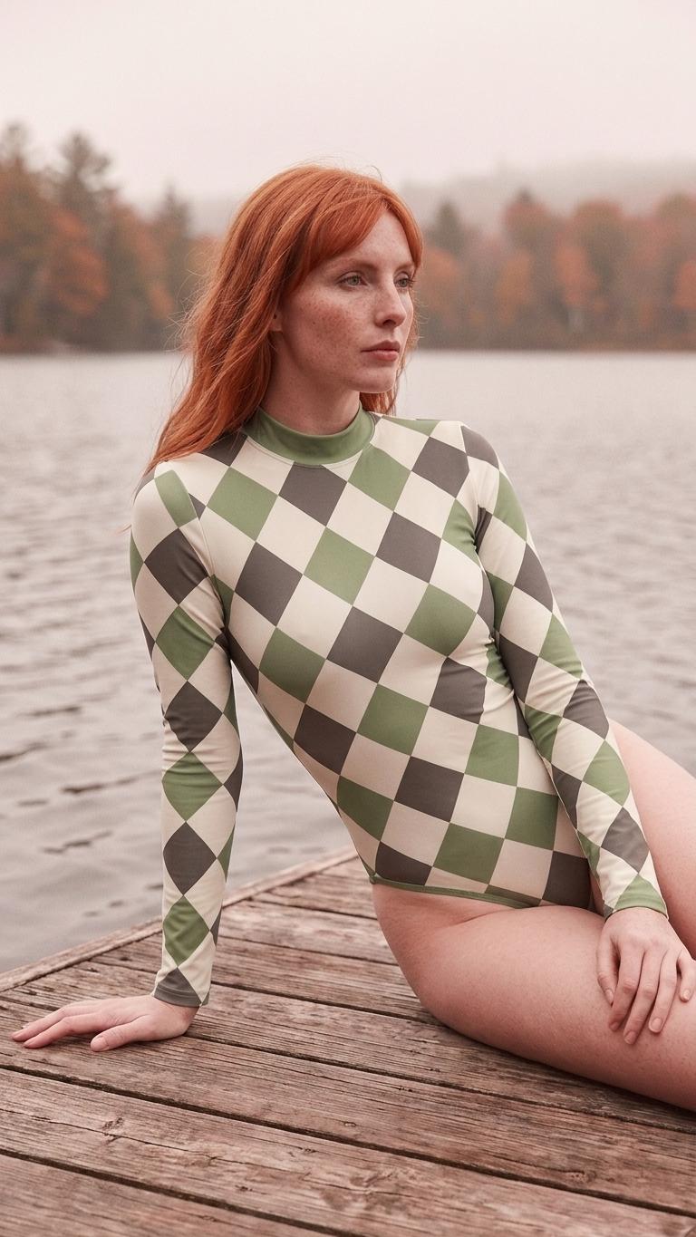 Long-Sleeve One-Piece Swimsuit - Back-Zipper - Lightweight - Soft Chest-Pads - Retro Harlequin