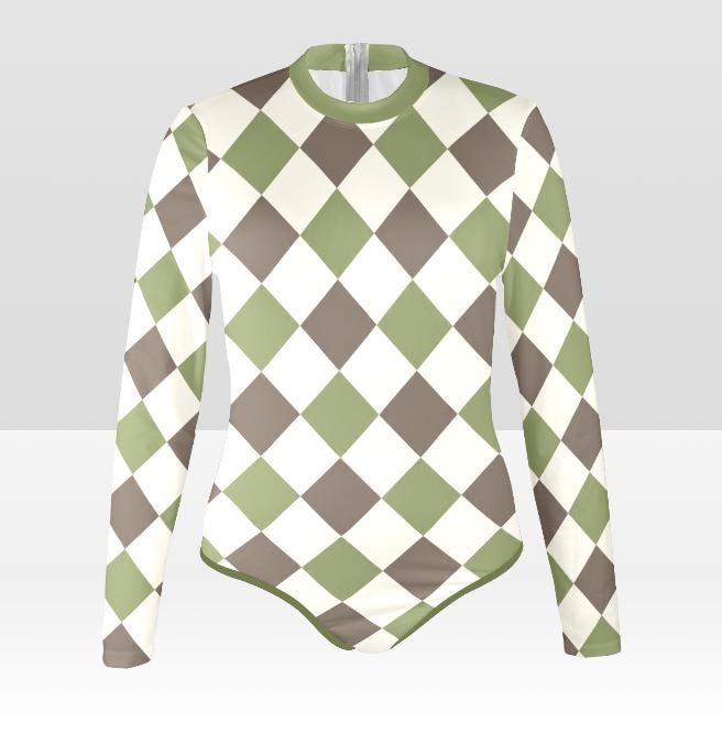 Long-Sleeve One-Piece Swimsuit - Back-Zipper - Lightweight - Soft Chest-Pads - Retro Harlequin