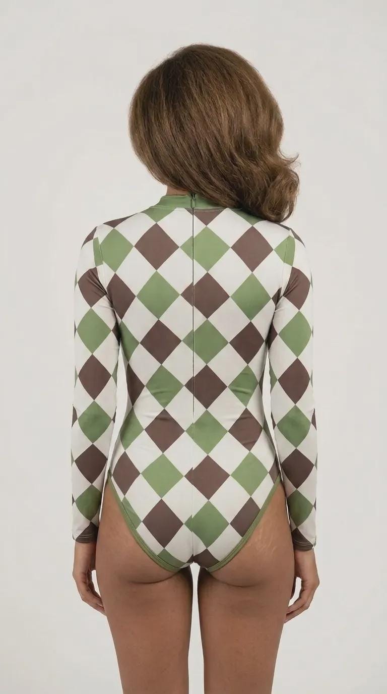 Long-Sleeve One-Piece Swimsuit - Back-Zipper - Lightweight - Soft Chest-Pads - Retro Harlequin