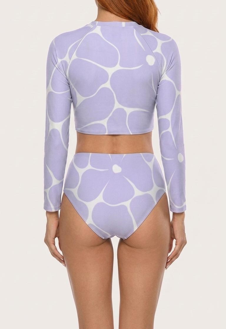 Retro Violet Flowers, Two-Piece Swimsuit, Long Sleeve Crop Rash Guard