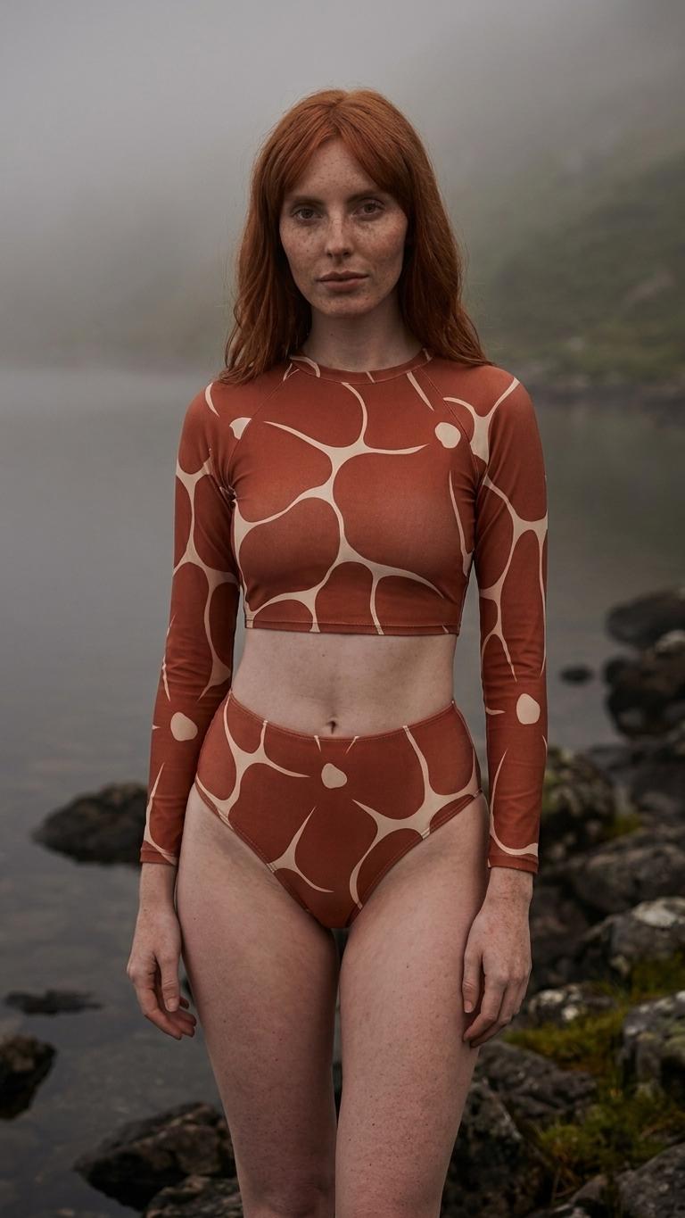 Retro Terracotta Flowers, Two-Piece Swimsuit, Long Sleeve Crop Rash Guard