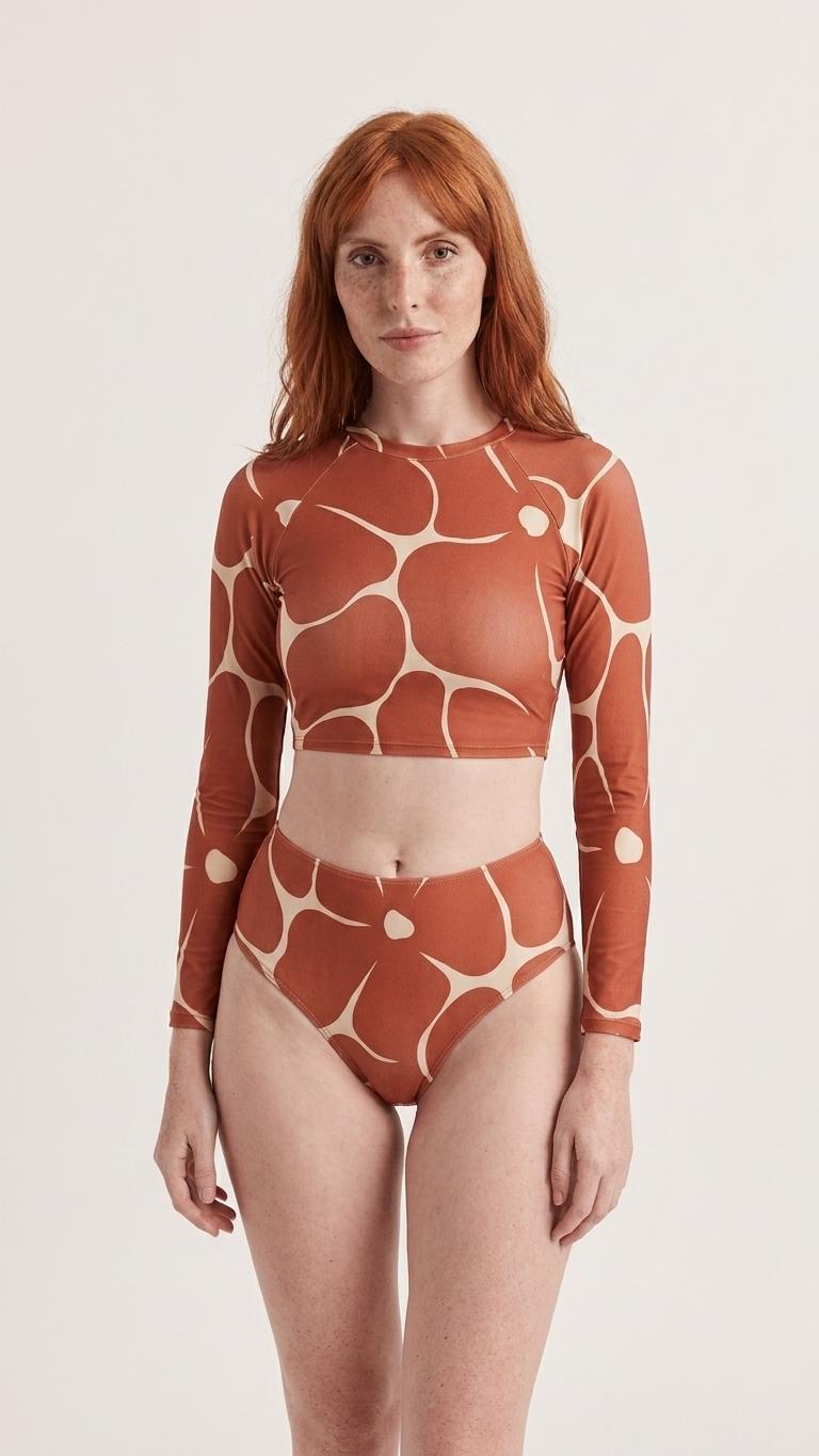 Retro Terracotta Flowers, Two-Piece Swimsuit, Long Sleeve Crop Rash Guard