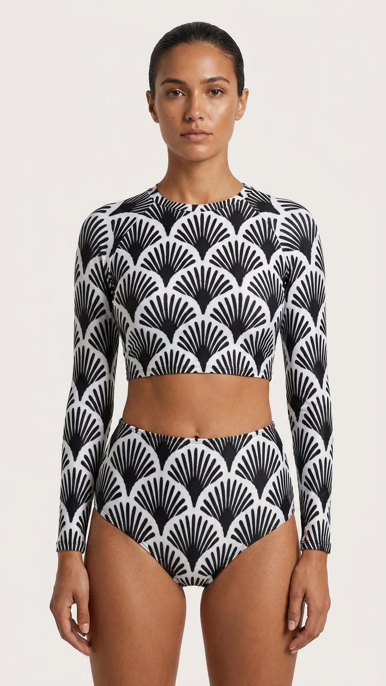 Black & White Art Deco-Inspired Two-Piece Swimsuit, Retro Long Sleeve Crop Rash Guard