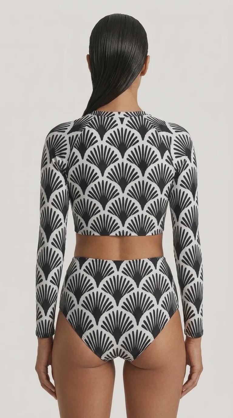 Black & White Art Deco-Inspired Two-Piece Swimsuit, Retro Long Sleeve Crop Rash Guard