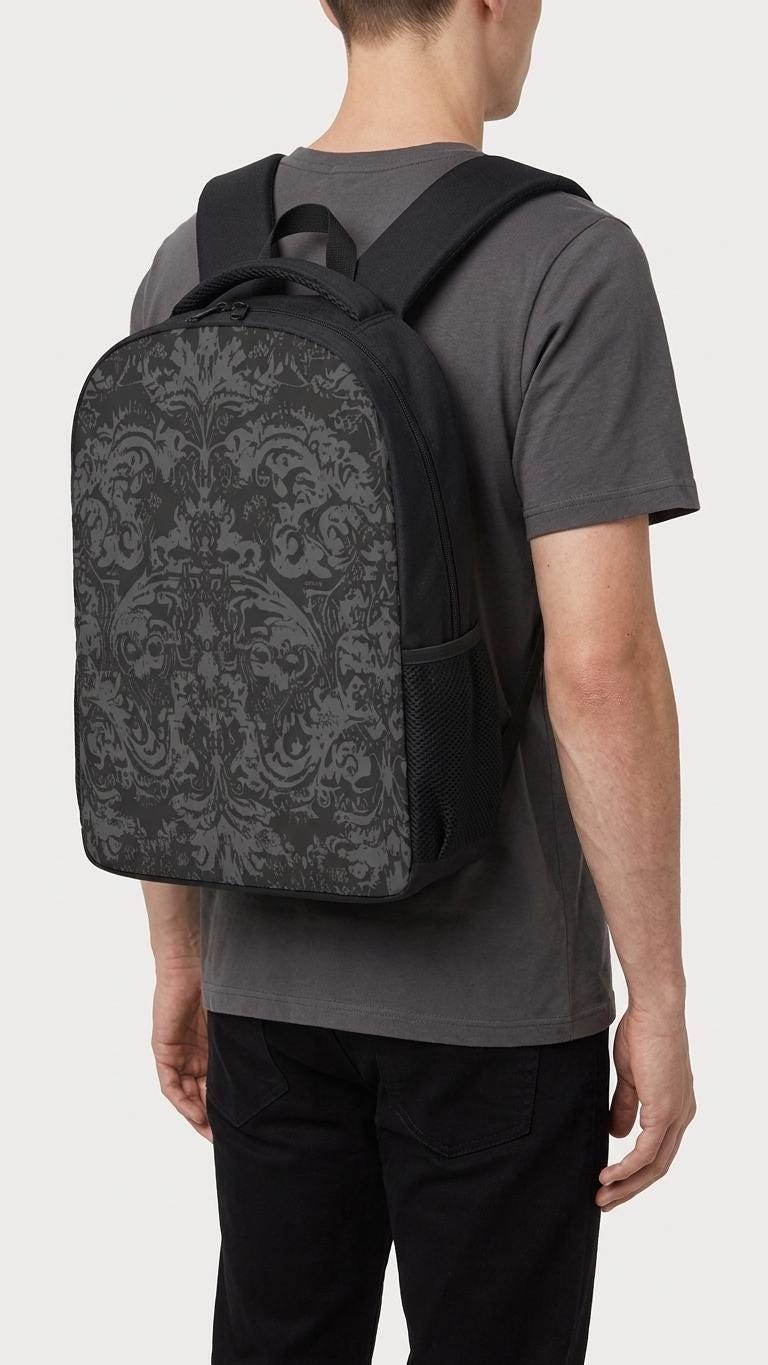 Vampire Art Unisex Black Grunge Goth Damask Student Backpack available in 3 sizes