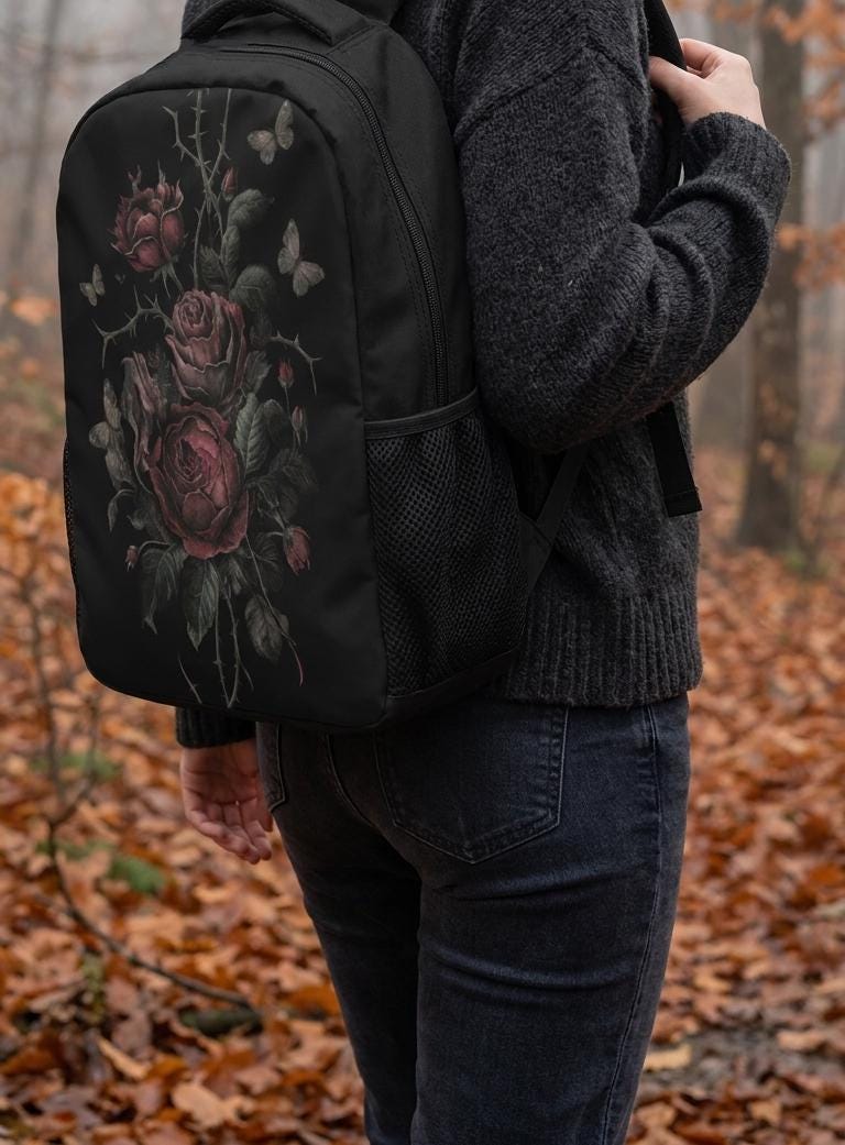 Vampire Art Unisex Black Grunge Goth Roses with Moth - Student Backpack - 3 Sizes