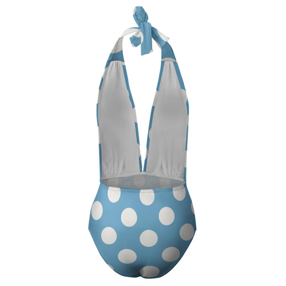 Monroe Retro Deep V Plunge Halter One-Piece Swimsuit - High-Waist Sexy Swimwear - Blue Polka Dot
