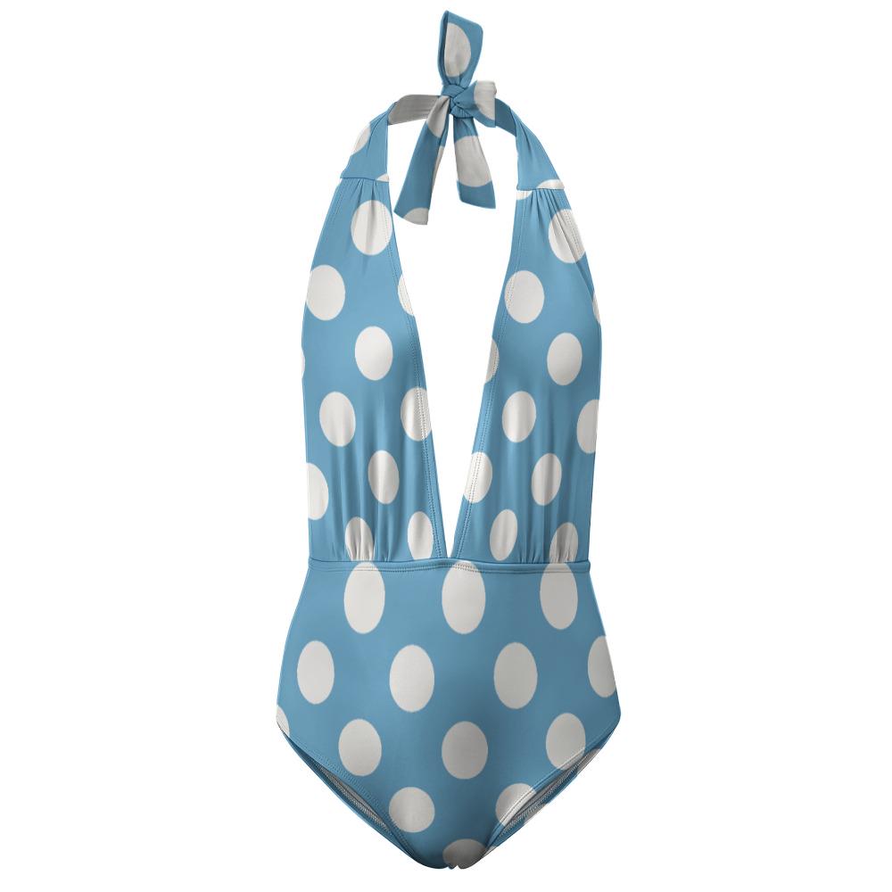 Monroe Retro Deep V Plunge Halter One-Piece Swimsuit - High-Waist Sexy Swimwear - Blue Polka Dot