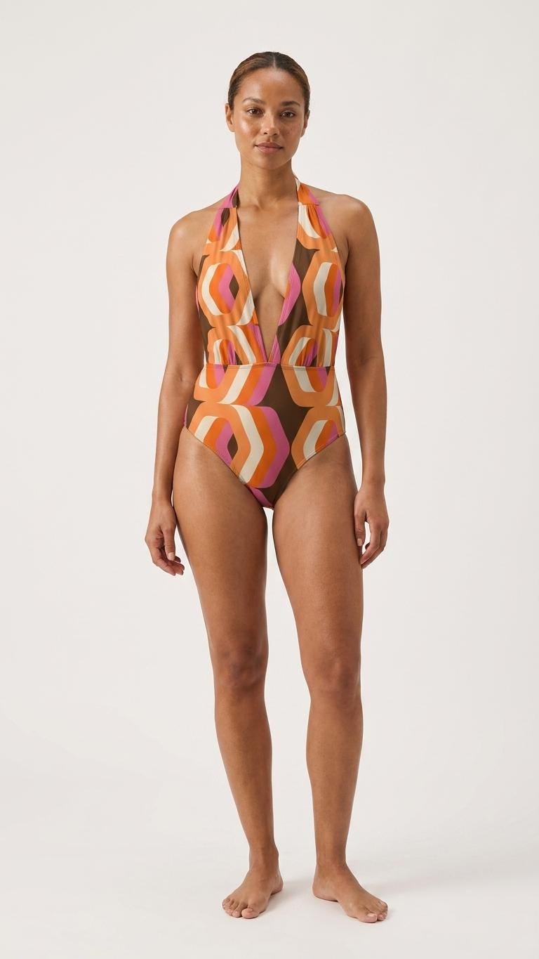 Retro Monroe Brown Mod-Style Mid-Century Halter Plunge One Piece Swimsuit