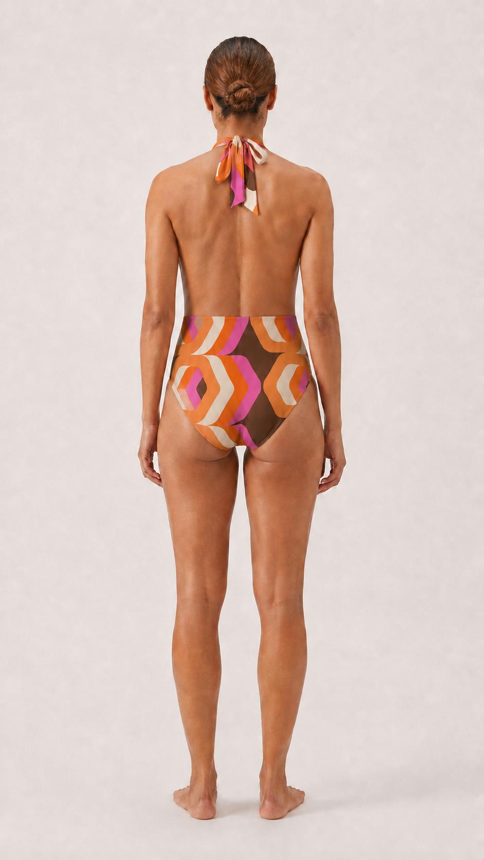 Retro Monroe Brown Mod-Style Mid-Century Halter Plunge One Piece Swimsuit