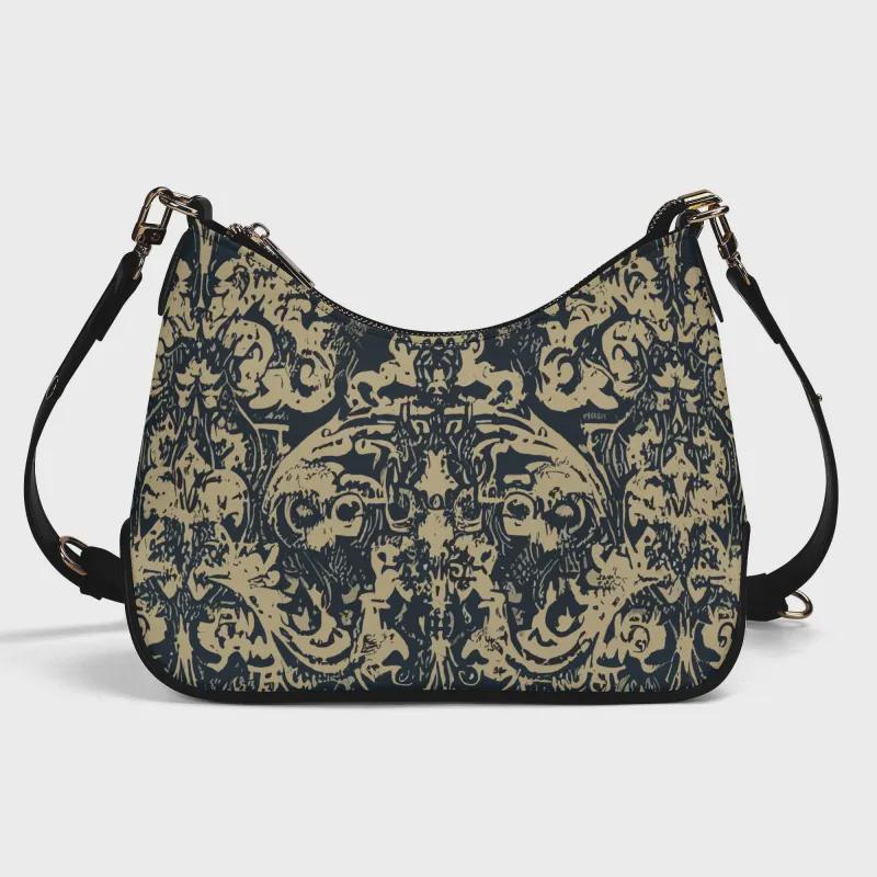 Distressed Baroque Printed Shoulder Bag, Grunge Damask Vegan Leather Handbag with Chain