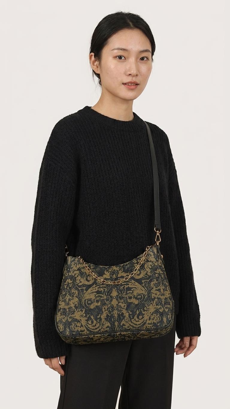 Distressed Baroque Printed Shoulder Bag, Grunge Damask Vegan Leather Handbag with Chain