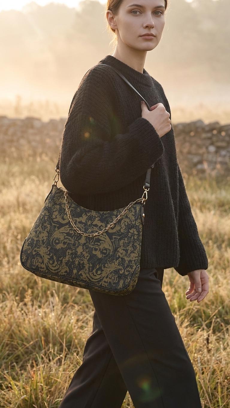 Distressed Baroque Printed Shoulder Bag, Grunge Damask Vegan Leather Handbag with Chain