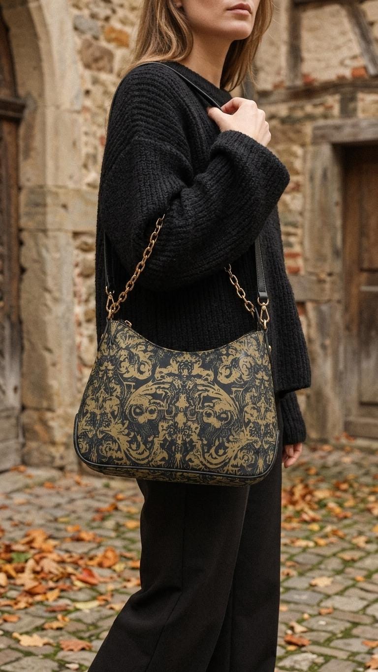Distressed Baroque Printed Shoulder Bag, Grunge Damask Vegan Leather Handbag with Chain