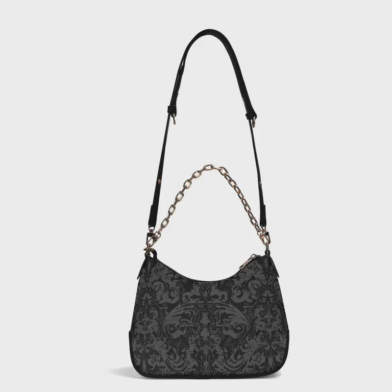 Distressed Baroque Printed Shoulder Bag, Black Grunge Damask Vegan Leather Handbag with Chain