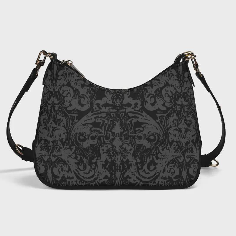 Distressed Baroque Printed Shoulder Bag, Black Grunge Damask Vegan Leather Handbag with Chain