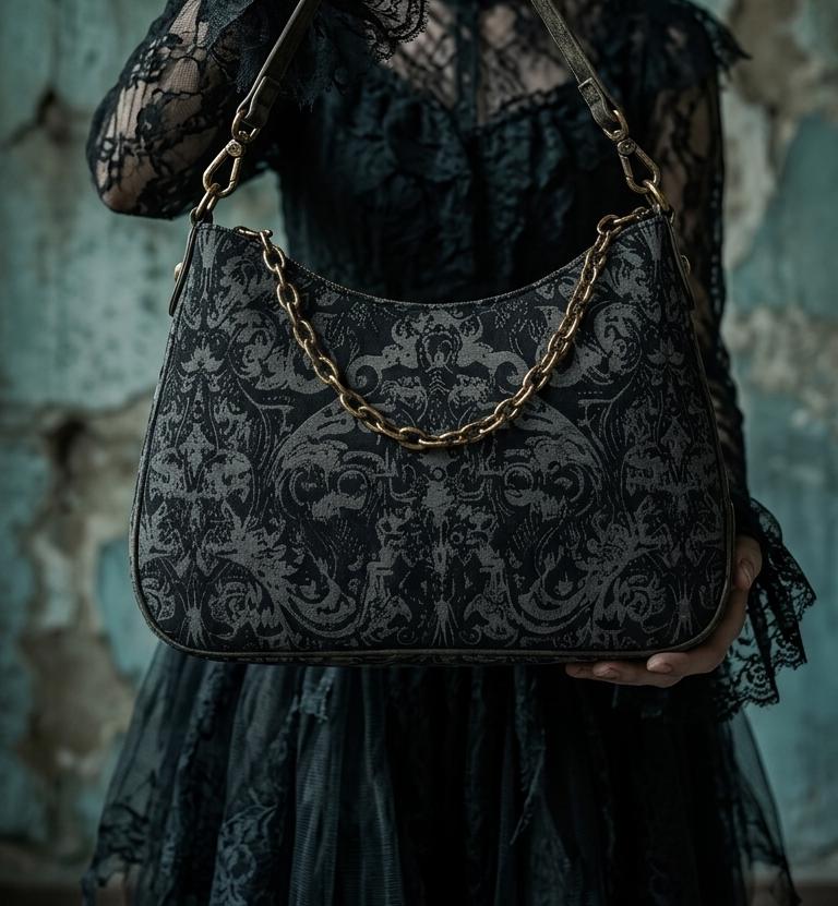 Distressed Baroque Printed Shoulder Bag, Black Grunge Damask Vegan Leather Handbag with Chain