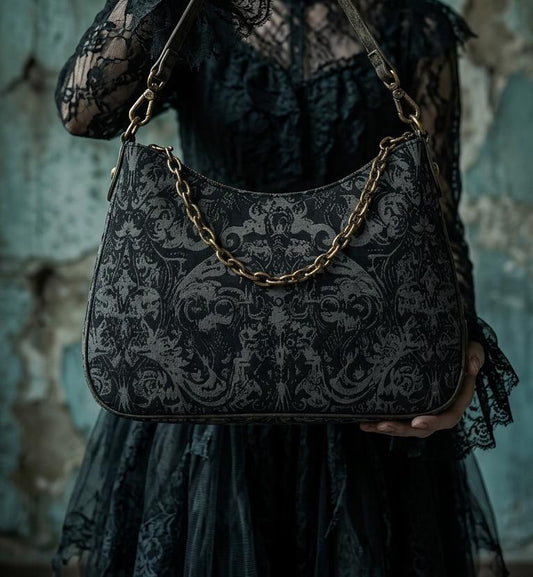 Distressed Baroque Printed Shoulder Bag, Black Grunge Damask Vegan Leather Handbag with Chain