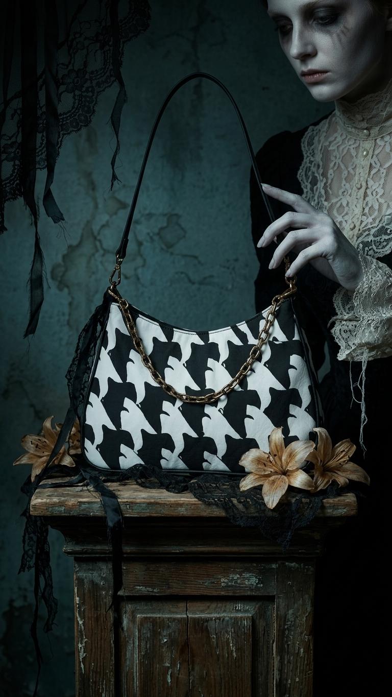 Retro Printed Shoulder Bag, Black & White Grunge Houndstooth Vegan Leather Handbag with Chain