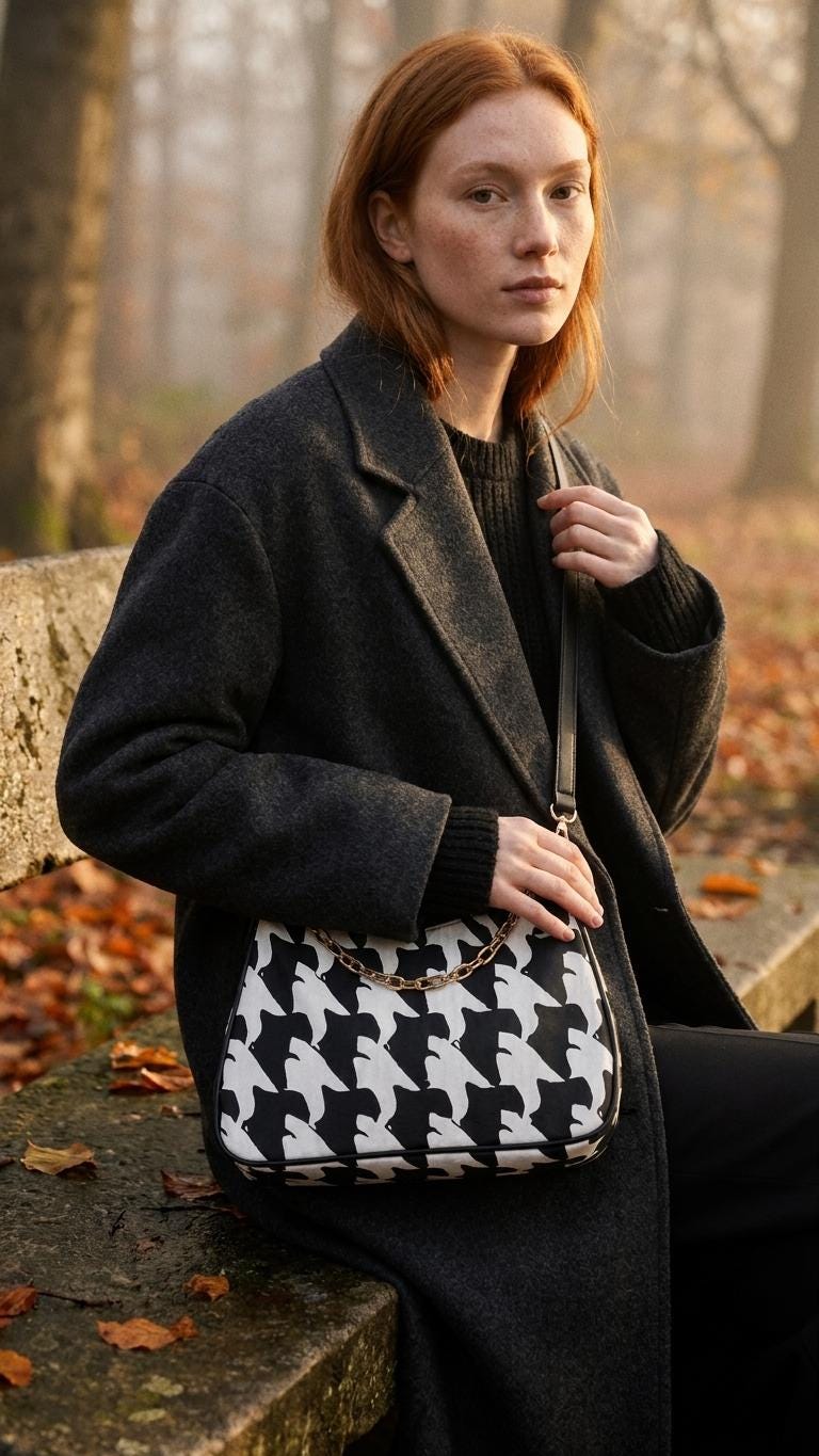 Retro Printed Shoulder Bag, Black & White Grunge Houndstooth Vegan Leather Handbag with Chain