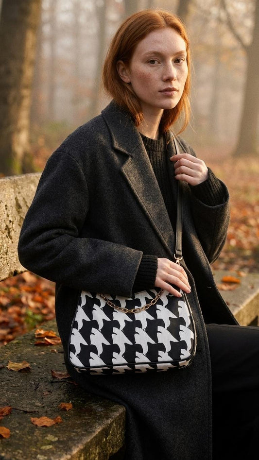 Retro Printed Shoulder Bag, Black & White Grunge Houndstooth Vegan Leather Handbag with Chain