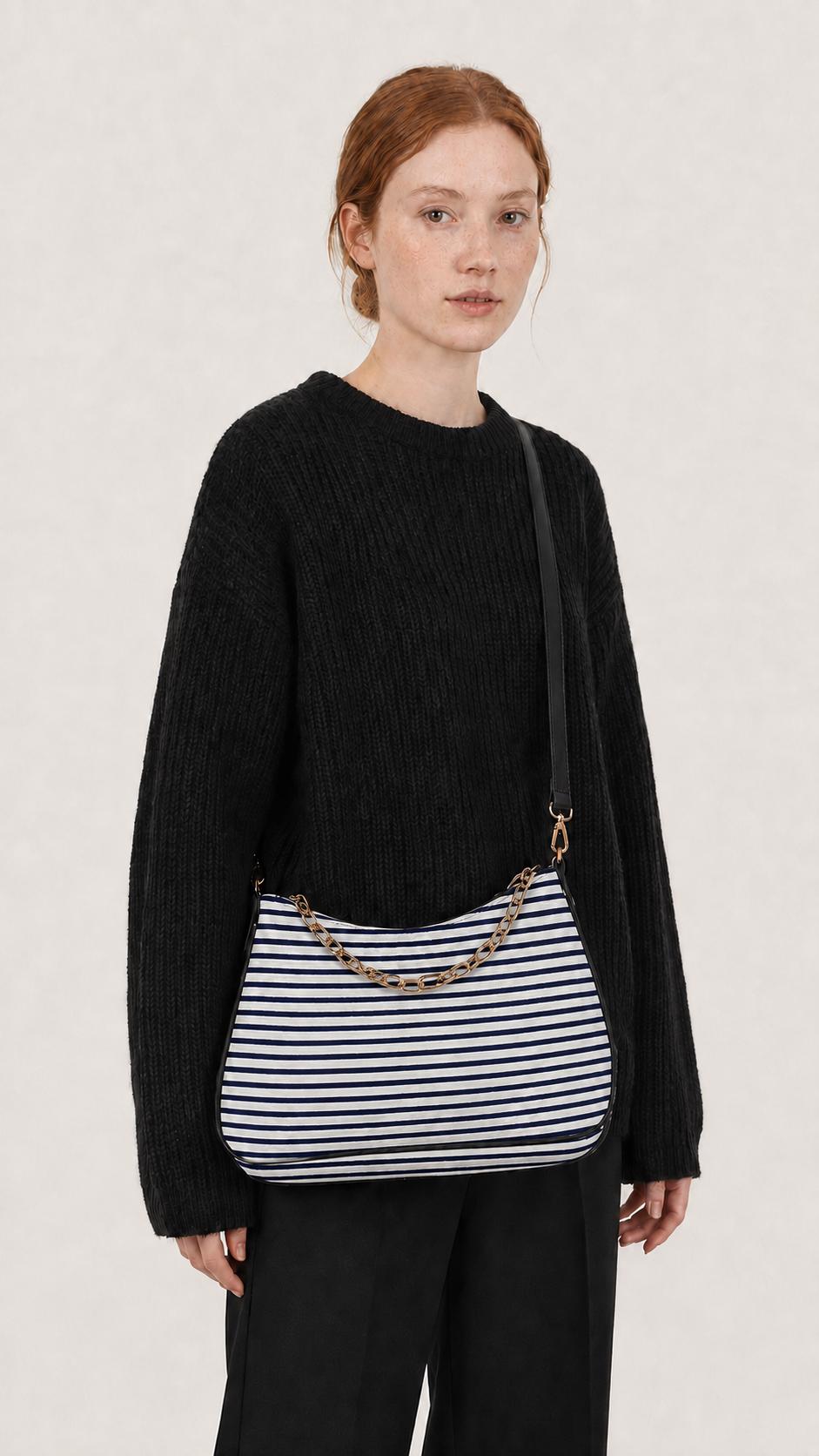 Retro Printed Shoulder Bag, Black & White Grunge Striped Vegan Leather Handbag with Chain