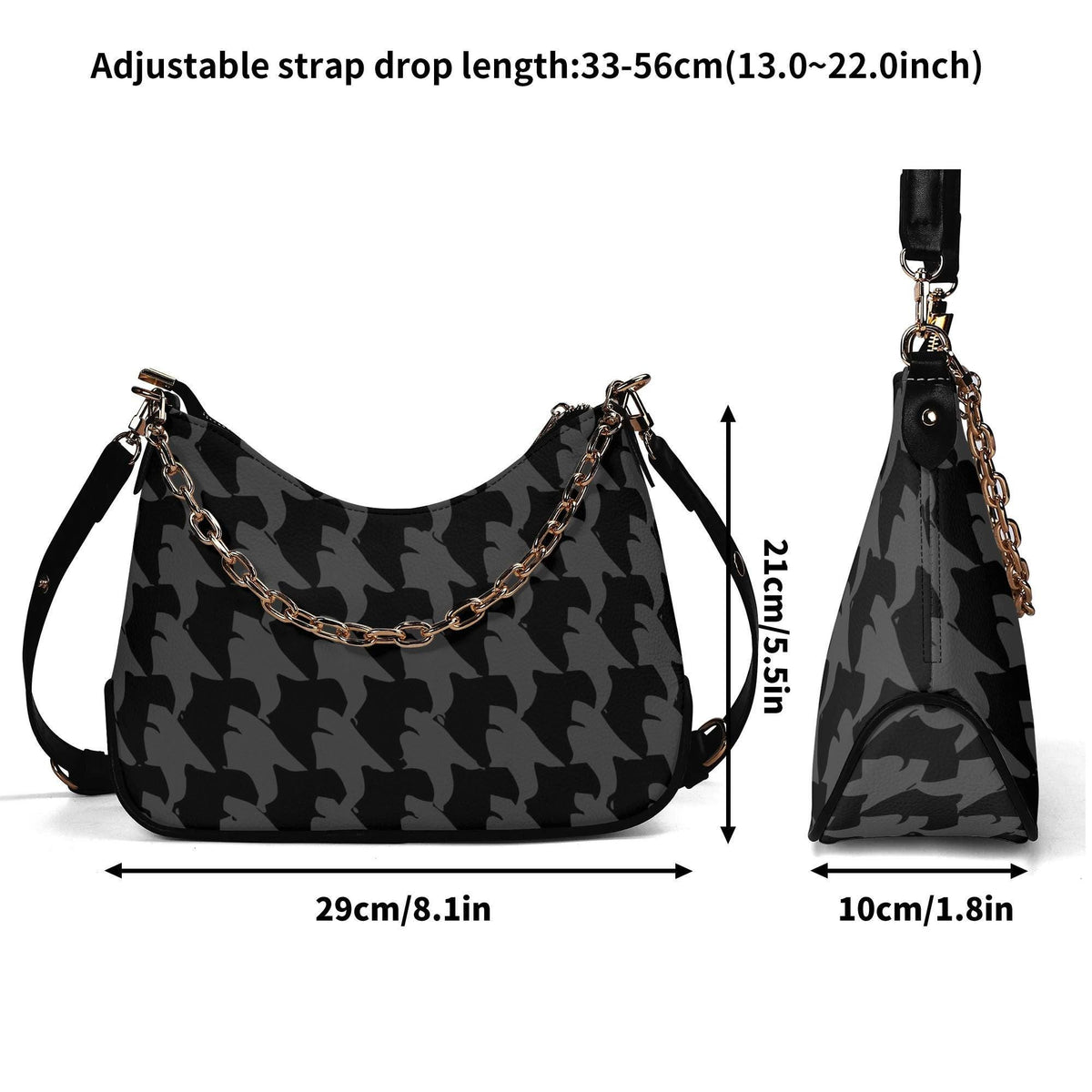 Retro Printed Shoulder Bag, Black & Charcoal Grunge Houndstooth Vegan Leather Handbag with Chain
