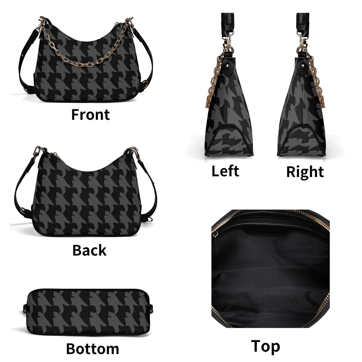 Retro Printed Shoulder Bag, Black & Charcoal Grunge Houndstooth Vegan Leather Handbag with Chain