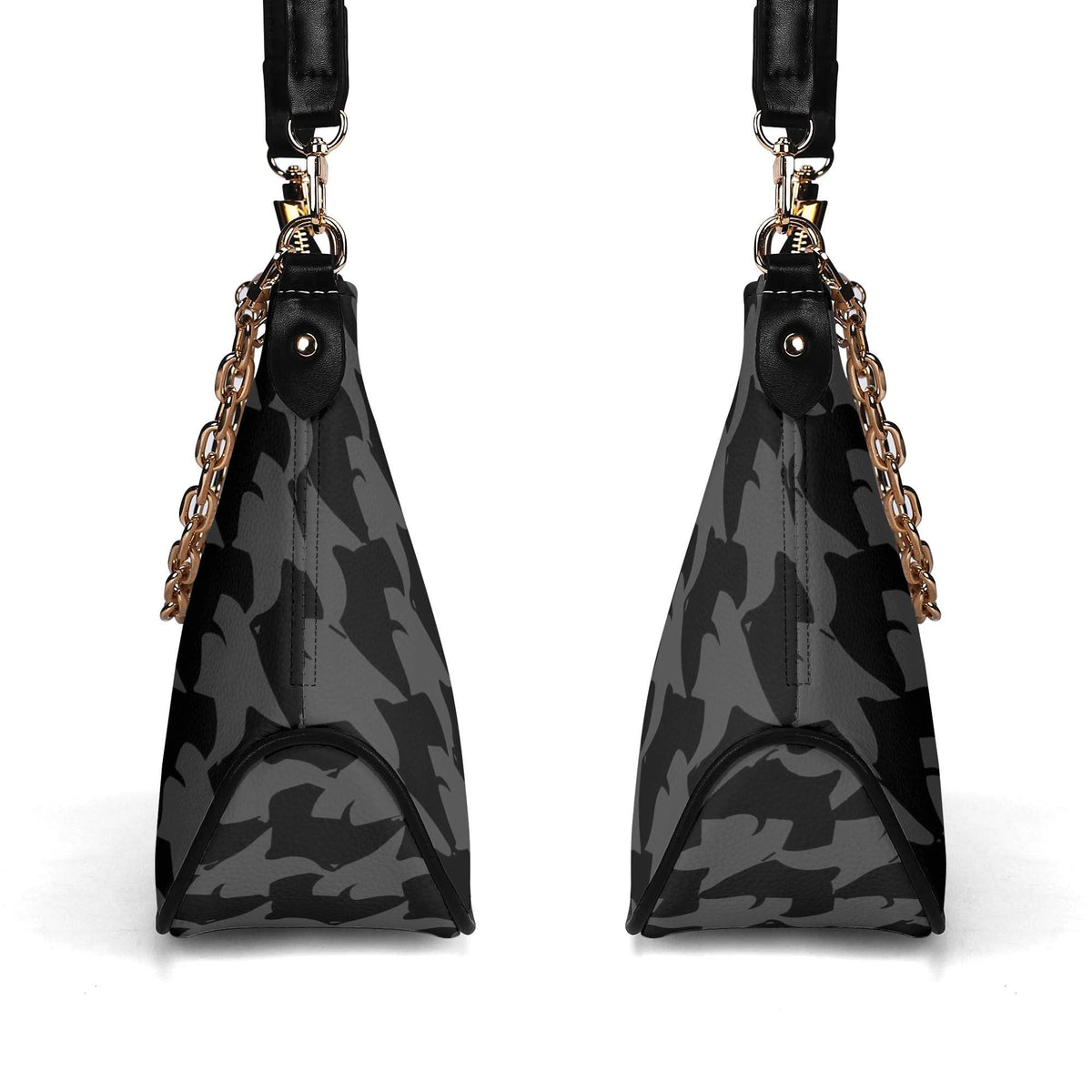 Retro Printed Shoulder Bag, Black & Charcoal Grunge Houndstooth Vegan Leather Handbag with Chain