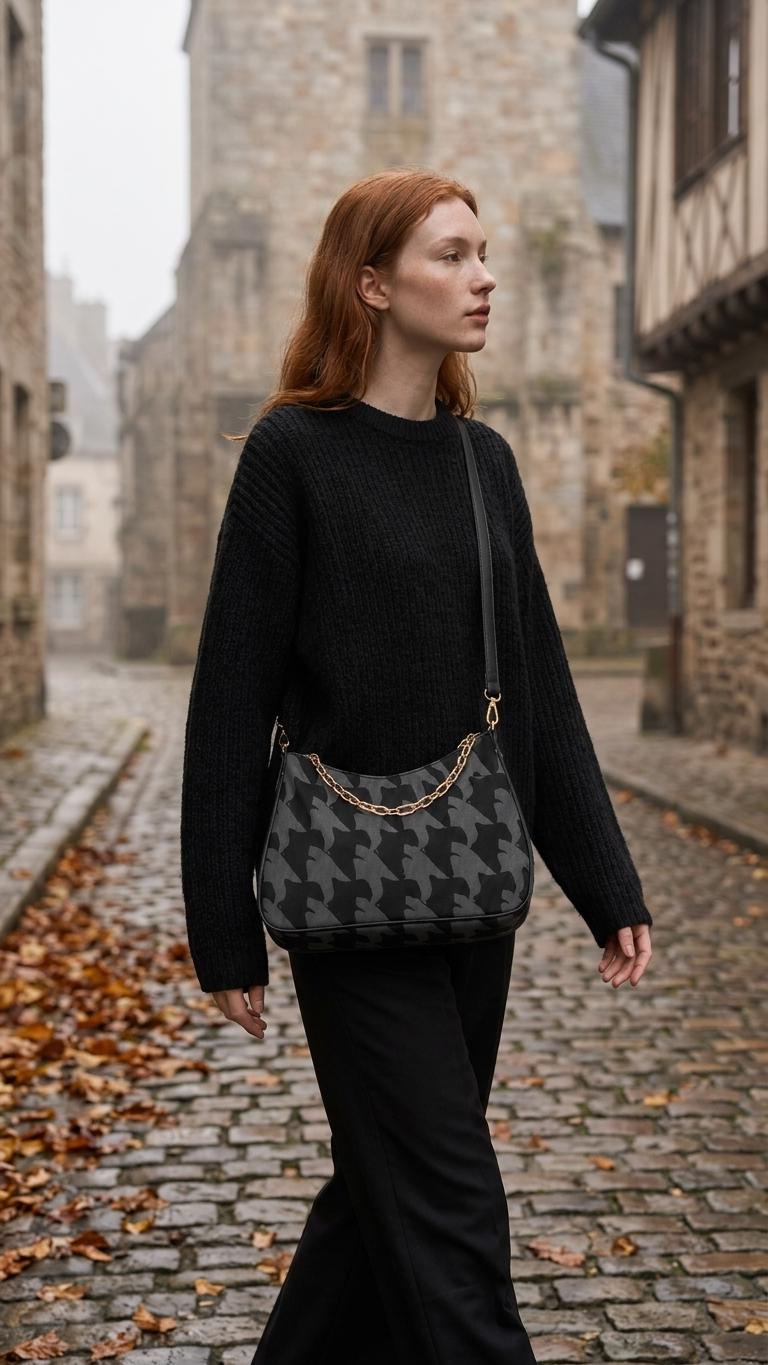 Retro Printed Shoulder Bag, Black & Charcoal Grunge Houndstooth Vegan Leather Handbag with Chain