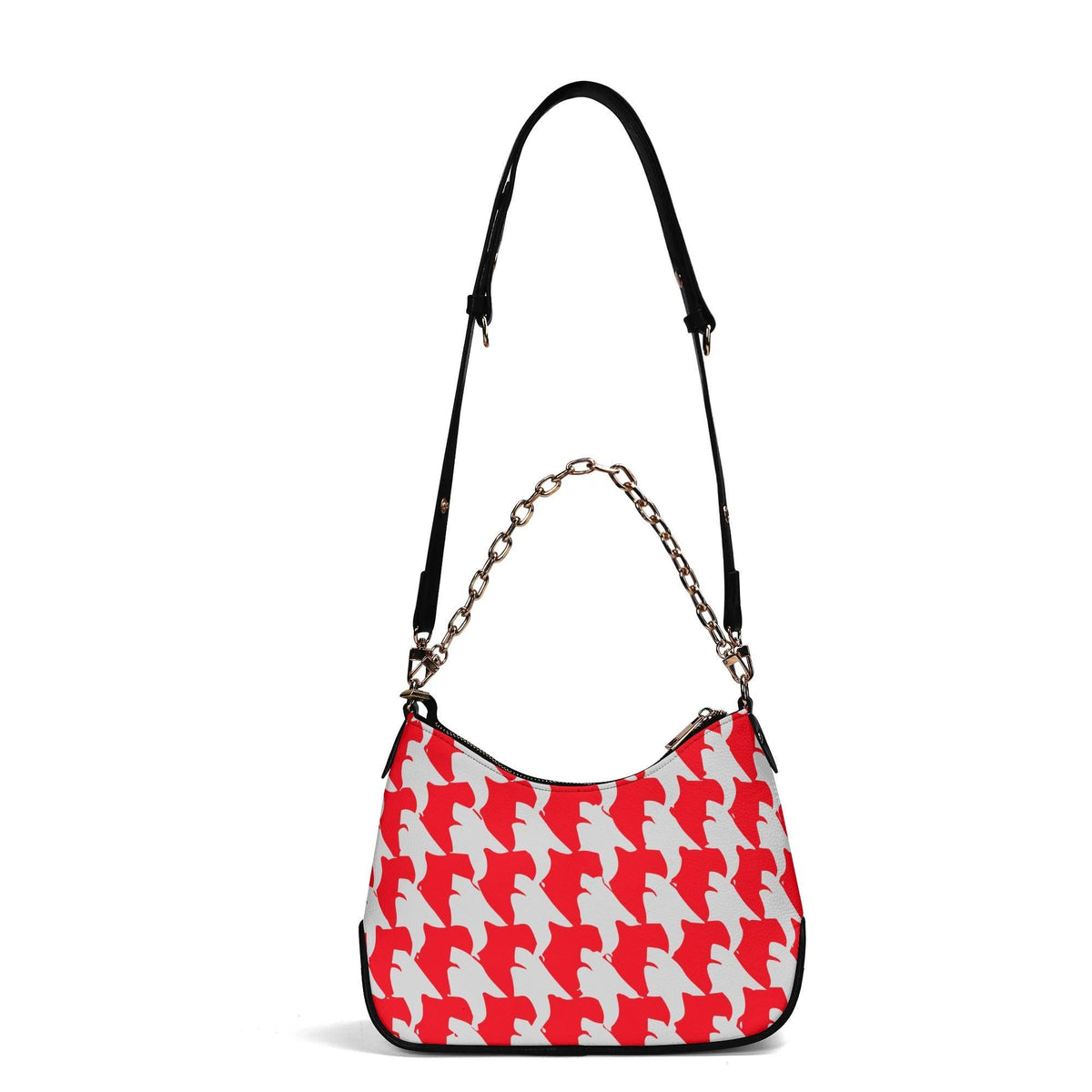 Retro Printed Shoulder Bag, Red & White Grunge Houndstooth Vegan Leather Handbag with Chain