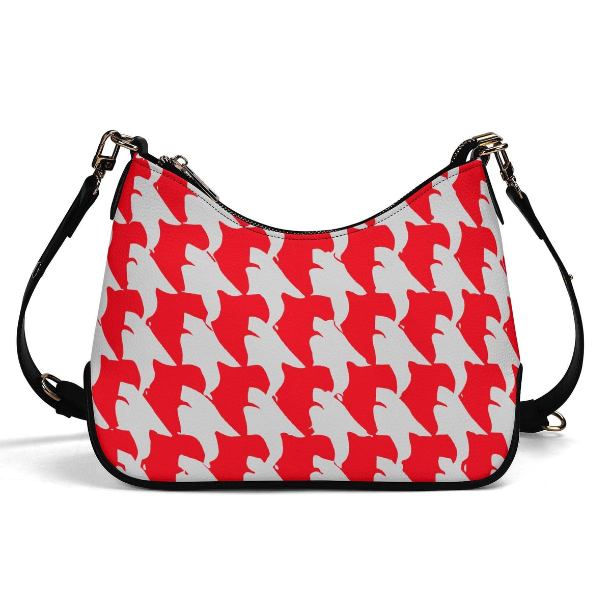 Retro Printed Shoulder Bag, Red & White Grunge Houndstooth Vegan Leather Handbag with Chain