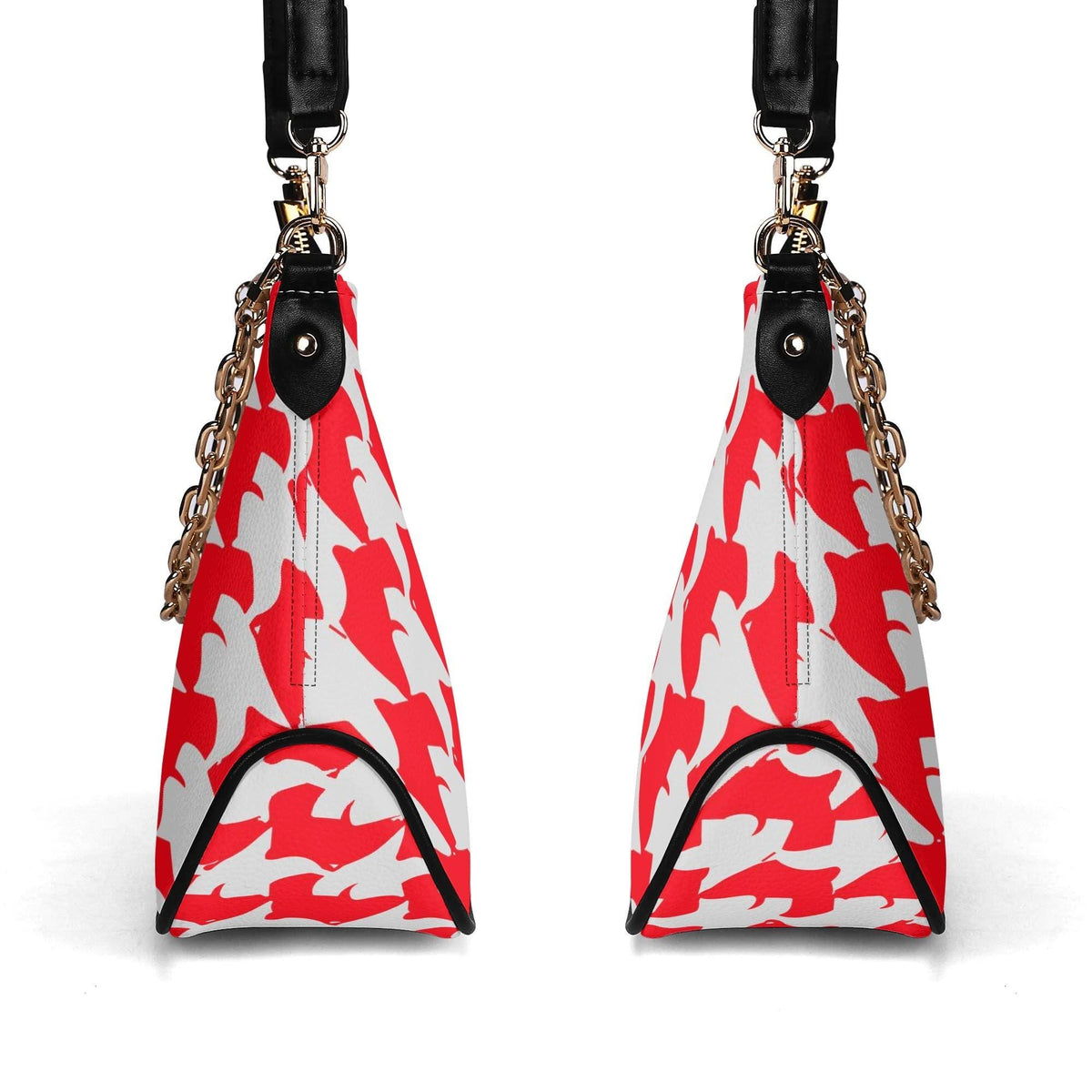Retro Printed Shoulder Bag, Red & White Grunge Houndstooth Vegan Leather Handbag with Chain