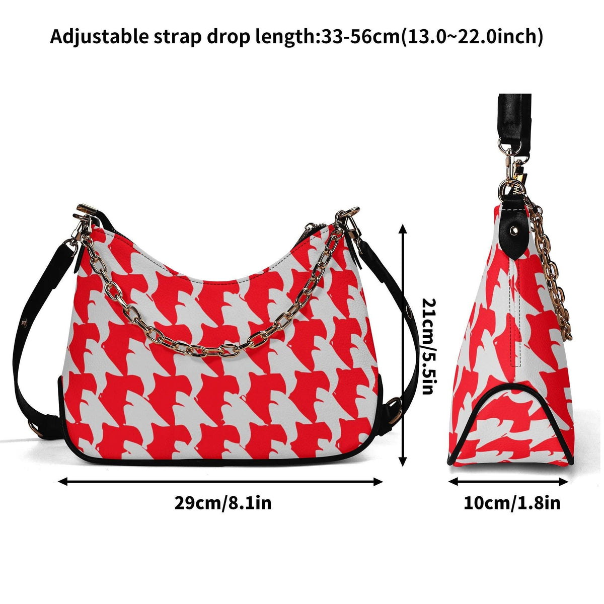 Retro Printed Shoulder Bag, Red & White Grunge Houndstooth Vegan Leather Handbag with Chain