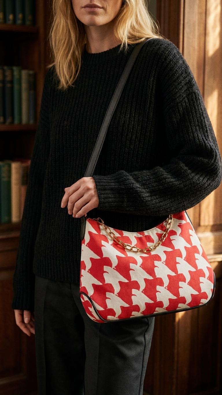 Retro Printed Shoulder Bag, Red & White Grunge Houndstooth Vegan Leather Handbag with Chain