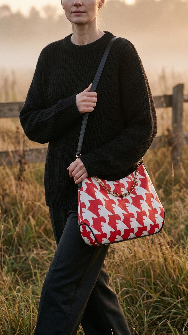 Retro Printed Shoulder Bag, Red & White Grunge Houndstooth Vegan Leather Handbag with Chain