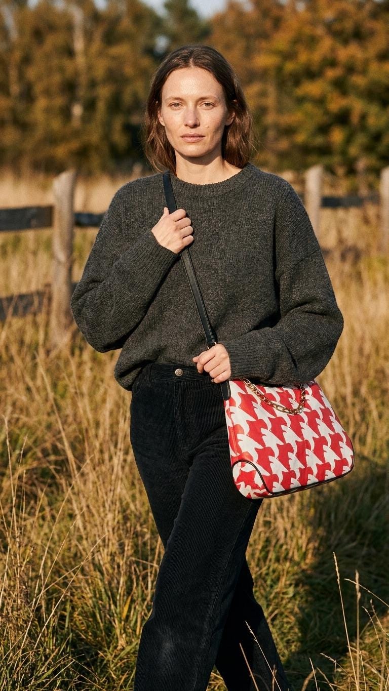Retro Printed Shoulder Bag, Red & White Grunge Houndstooth Vegan Leather Handbag with Chain