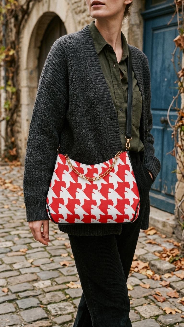 Retro Printed Shoulder Bag, Red & White Grunge Houndstooth Vegan Leather Handbag with Chain