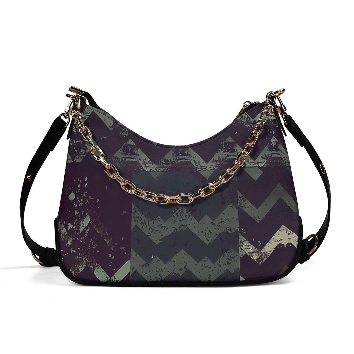 Grunge Houndstooth Printed Shoulder Bag, Vegan Leather Handbag with Chain