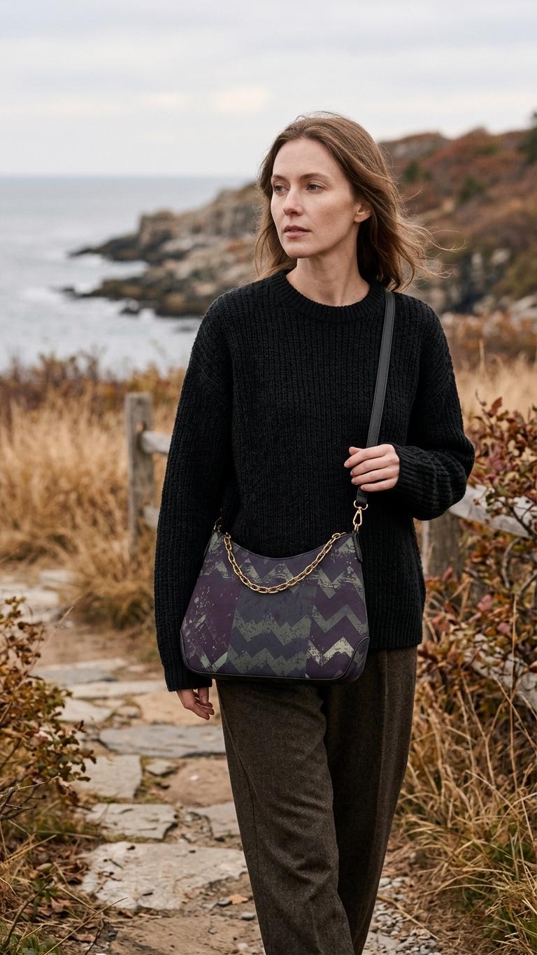 Grunge Houndstooth Printed Shoulder Bag, Vegan Leather Handbag with Chain
