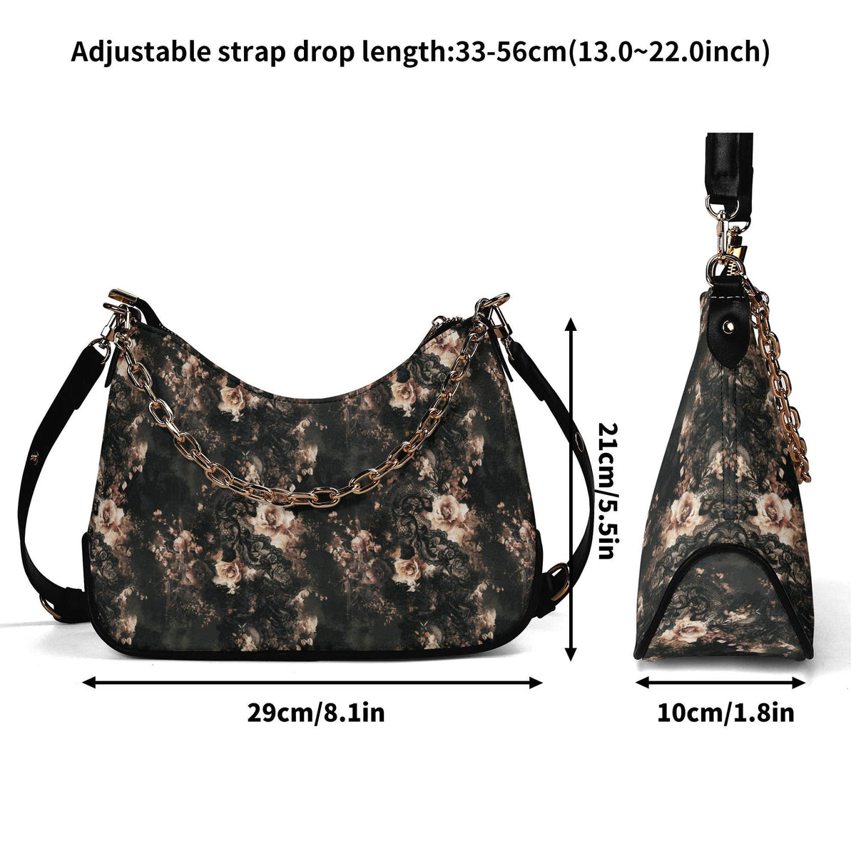 Grunge Goth Lace & Roses Print Shoulder Bag, Vegan Leather Handbag with Chain