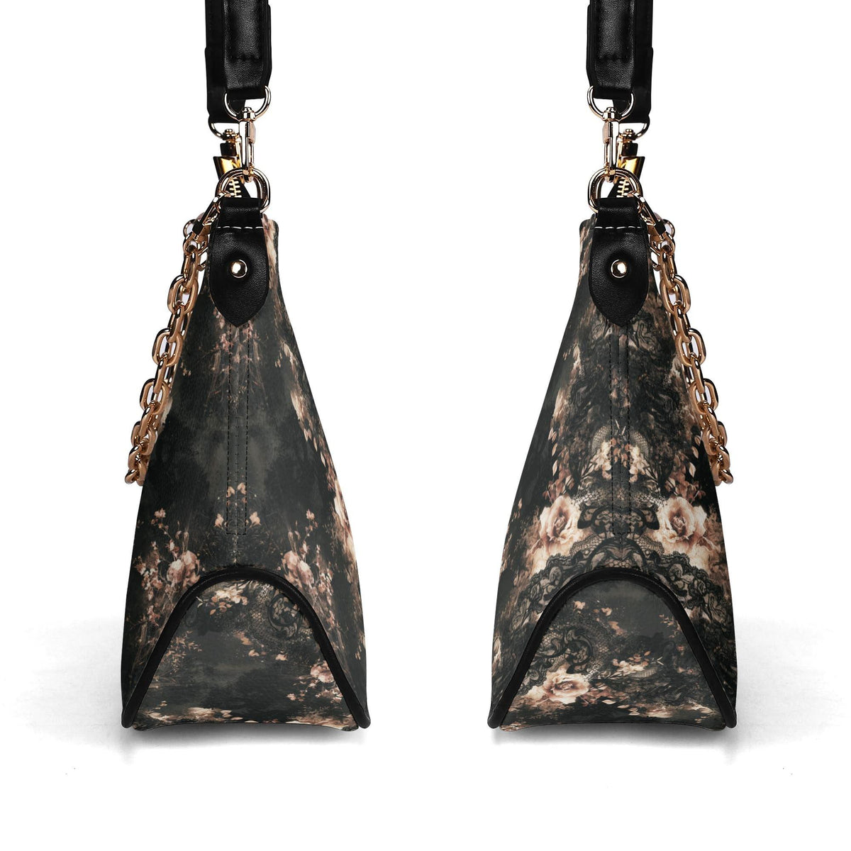 Grunge Goth Lace & Roses Print Shoulder Bag, Vegan Leather Handbag with Chain