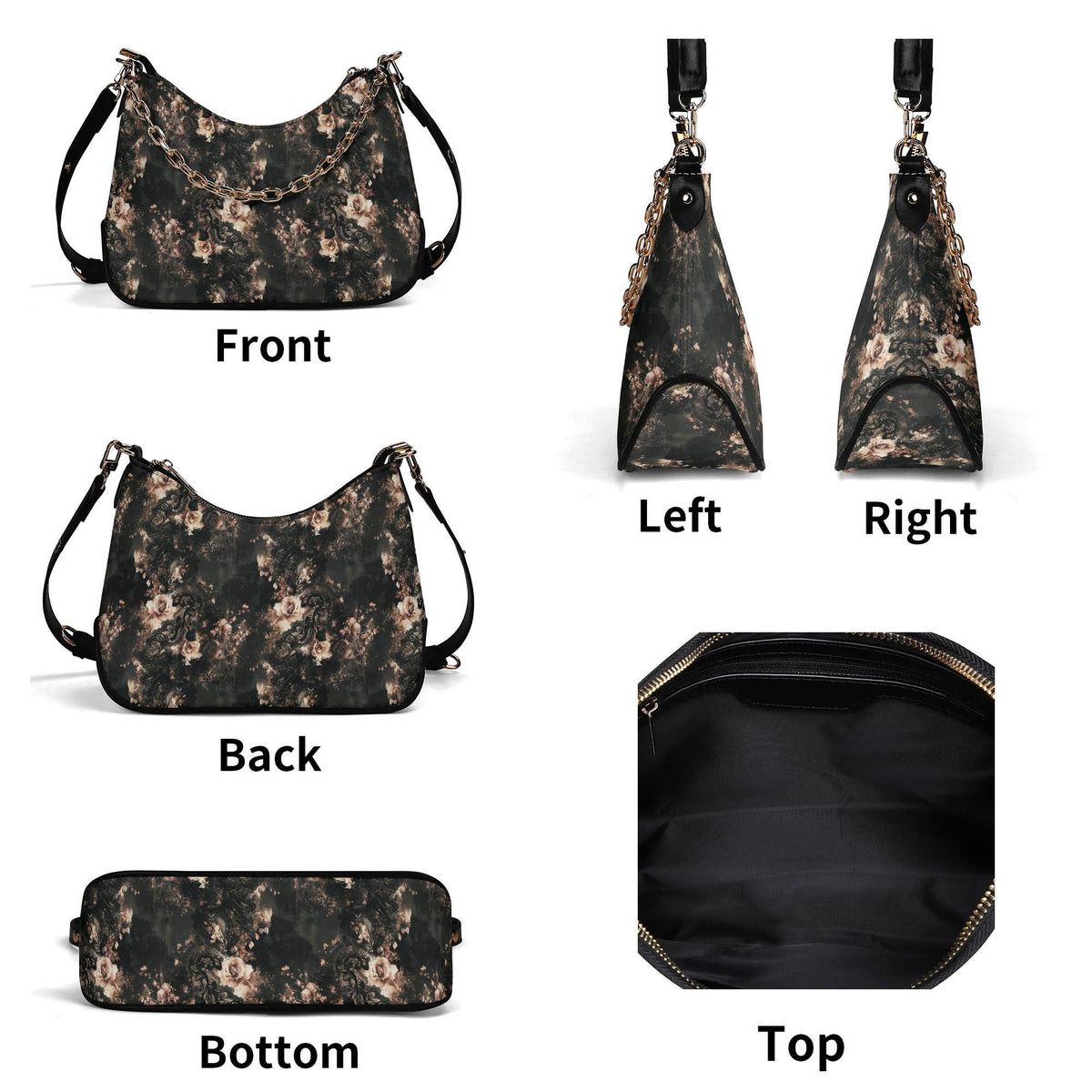Grunge Goth Lace & Roses Print Shoulder Bag, Vegan Leather Handbag with Chain