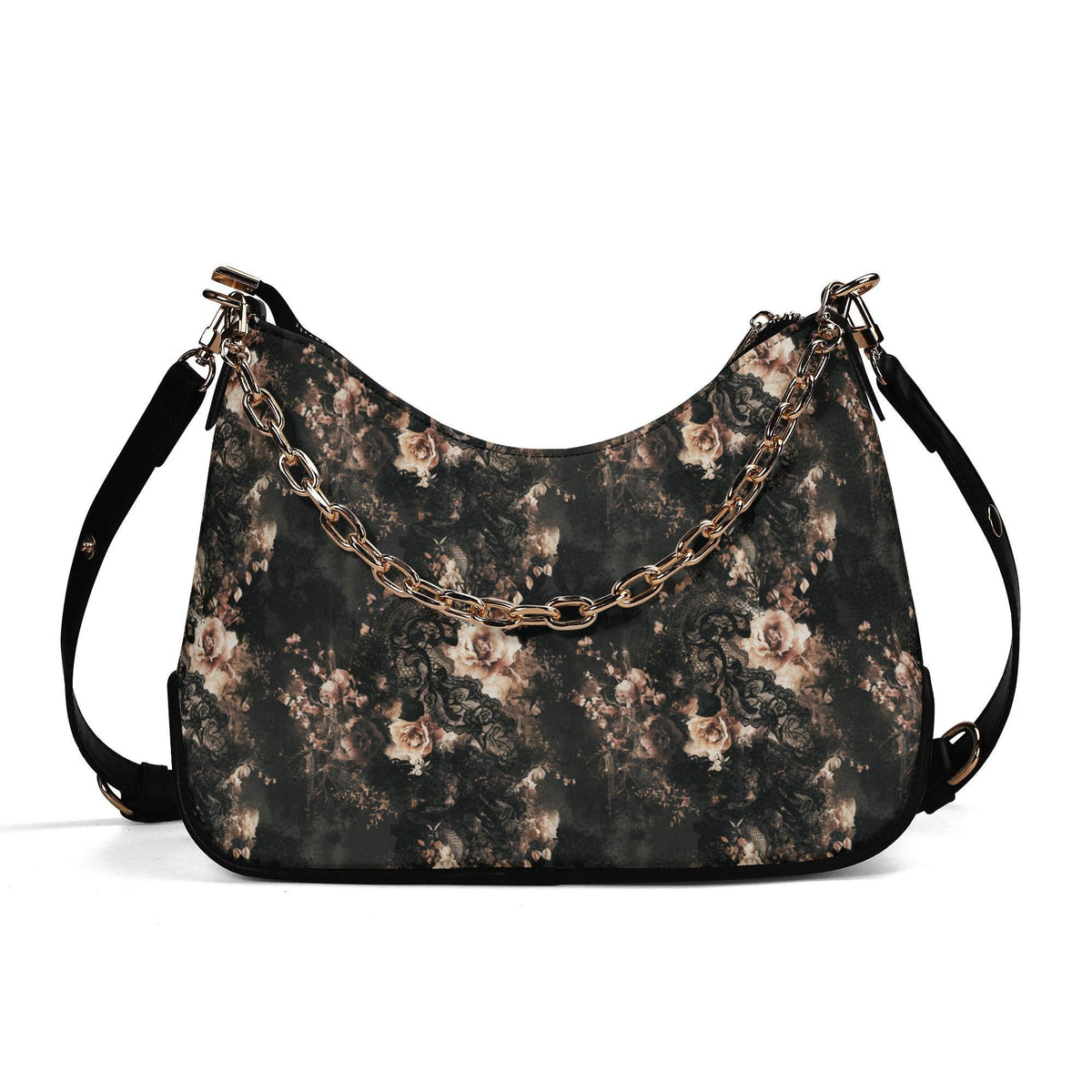 Grunge Goth Lace & Roses Print Shoulder Bag, Vegan Leather Handbag with Chain